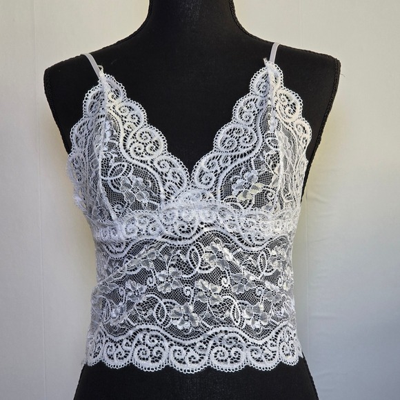 Tops - Women's White Lace Bralette Cami Top Sheer Floral Scalloped Hem